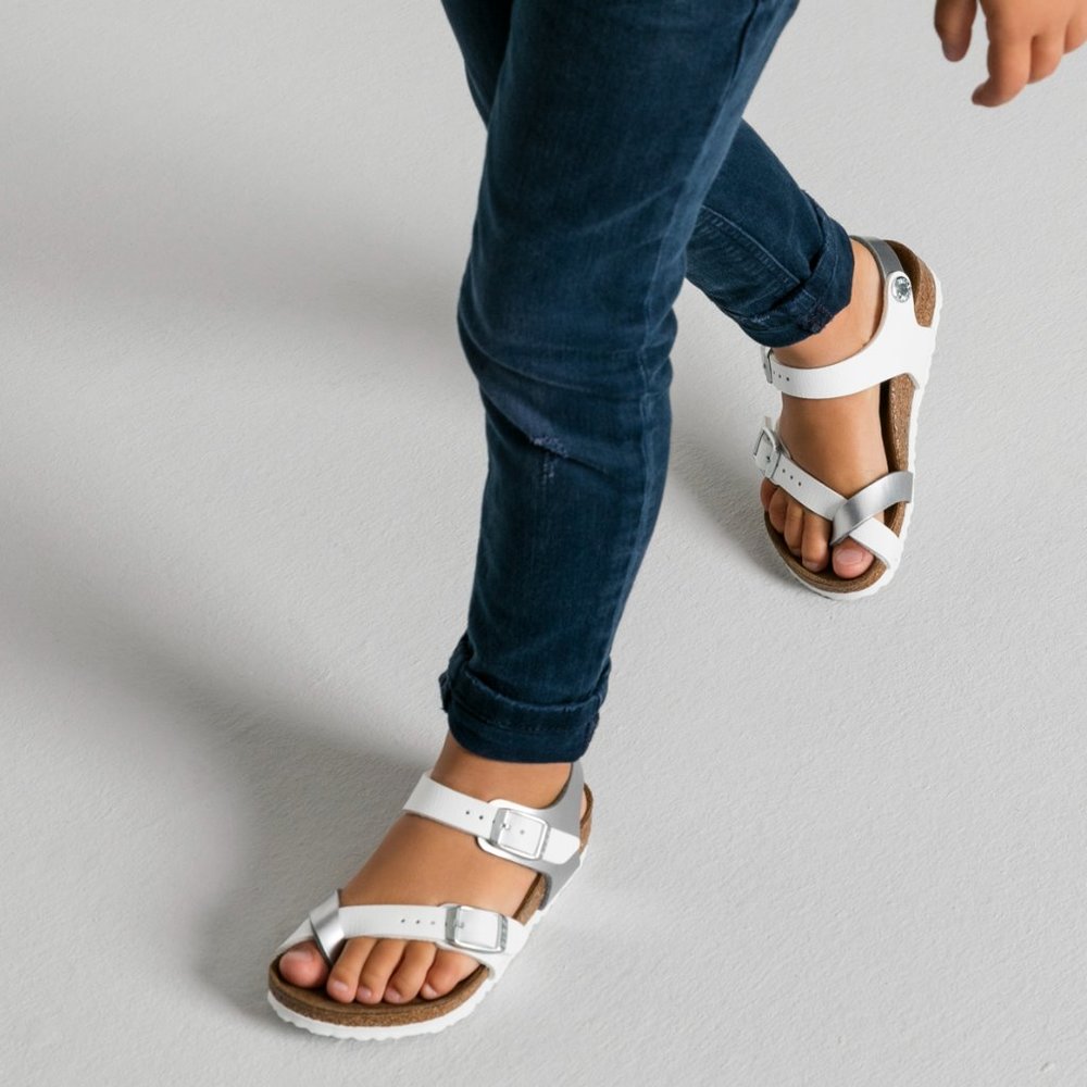 NIB Birkenstock Taormina Kids Soft Metallics Silver/WhiteBirko-Flor Sandals EU24